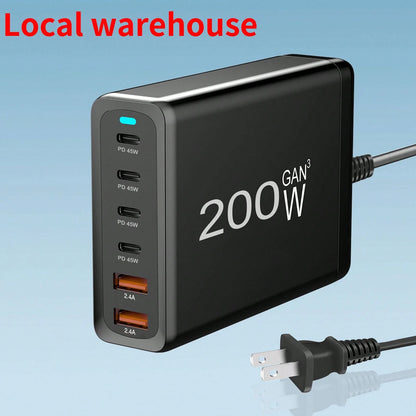 200W GAN 6-Port PD Charging Station: Portable Charger For Multiple Devices – USB C Charger With AC Extension Cord| Local Warehouse Suitable For Multiple People Charging, Multiple Devices Charging, Ho