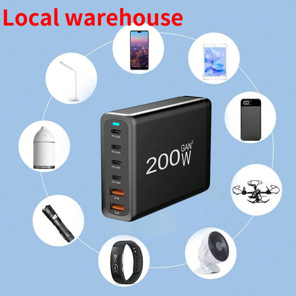 200W GAN 6-Port PD Charging Station: Portable Charger For Multiple Devices – USB C Charger With AC Extension Cord| Local Warehouse Suitable For Multiple People Charging, Multiple Devices Charging, Ho