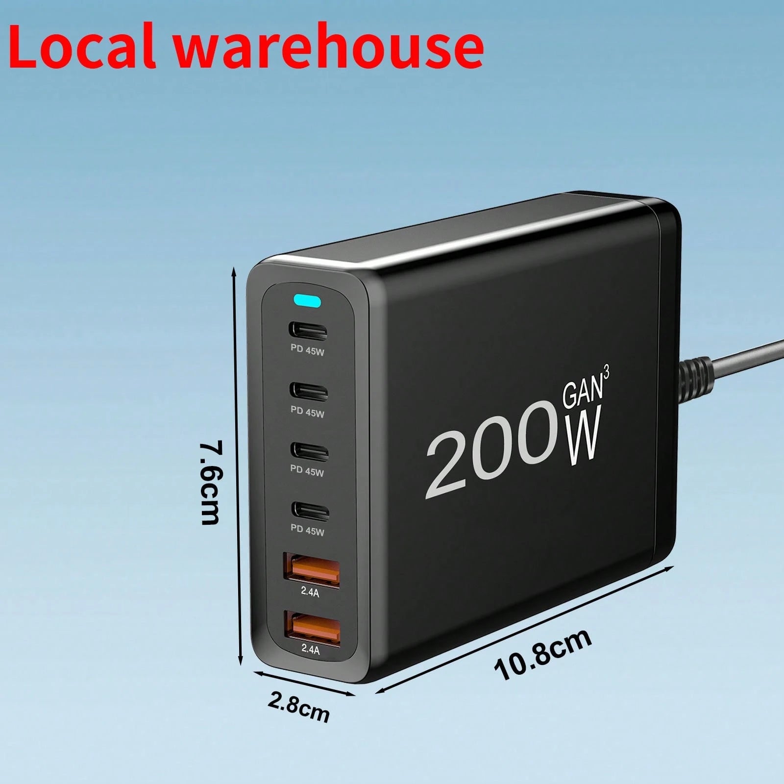 200W GAN 6-Port PD Charging Station: Portable Charger For Multiple Devices – USB C Charger With AC Extension Cord| Local Warehouse Suitable For Multiple People Charging, Multiple Devices Charging, Ho