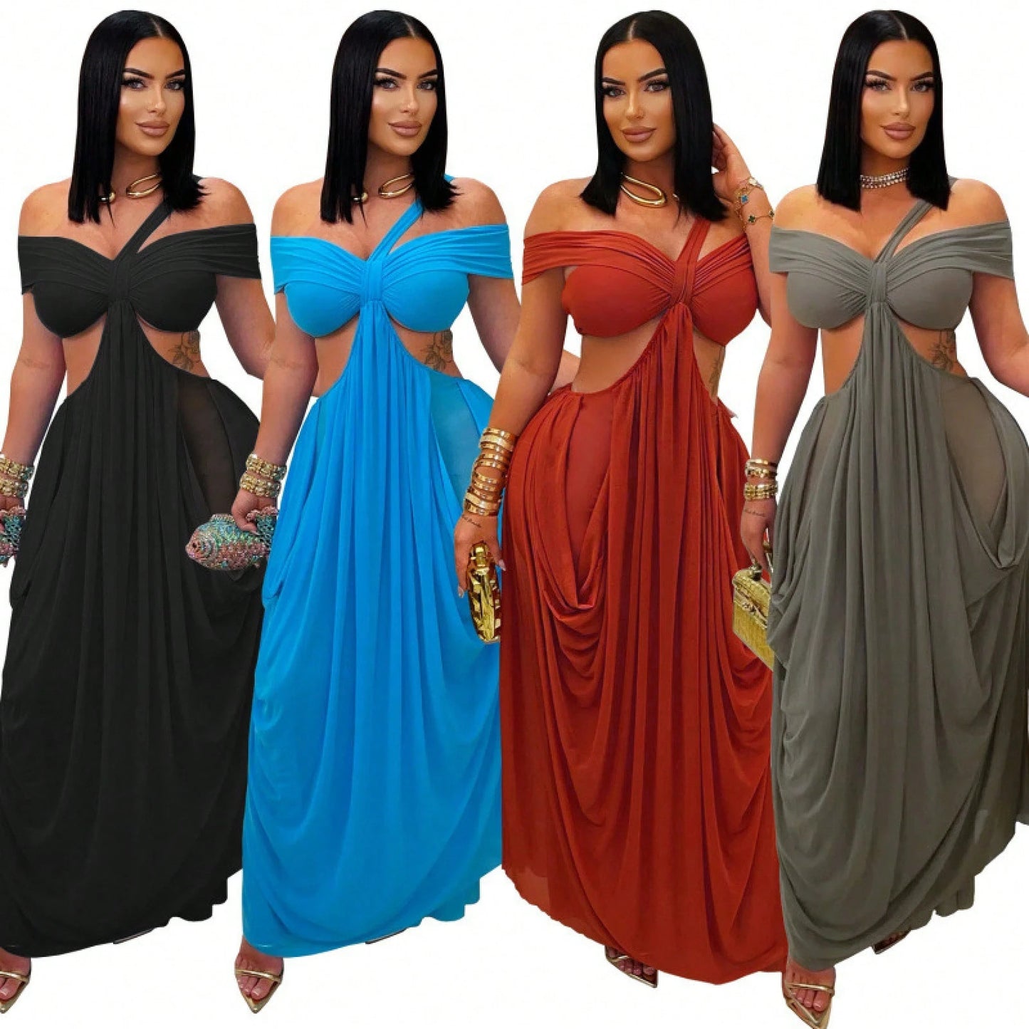 2025 Summer New Fashion Women's Sexy Strapless Slim-Fit Solid Color Sheer Mesh Dress