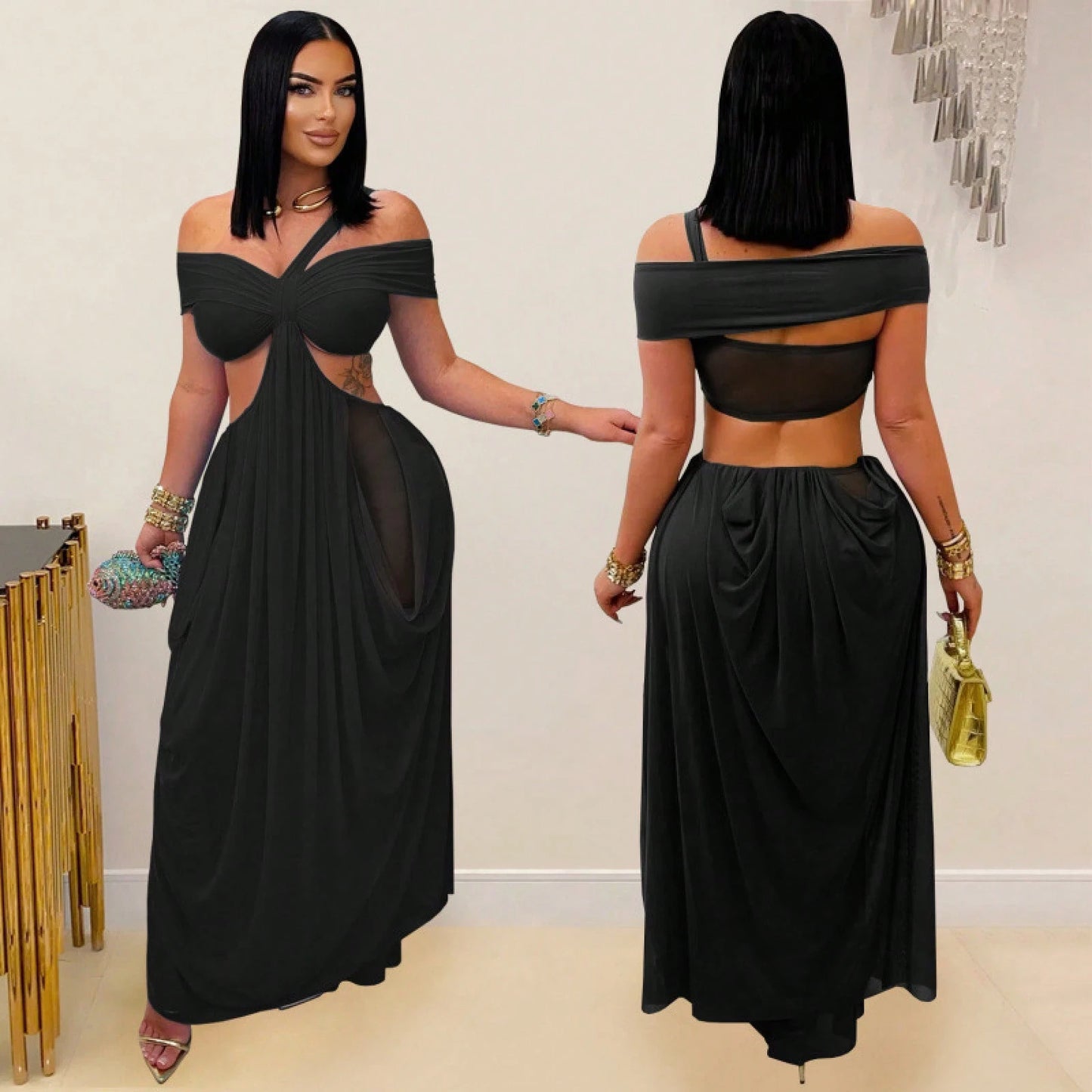2025 Summer New Fashion Women's Sexy Strapless Slim-Fit Solid Color Sheer Mesh Dress