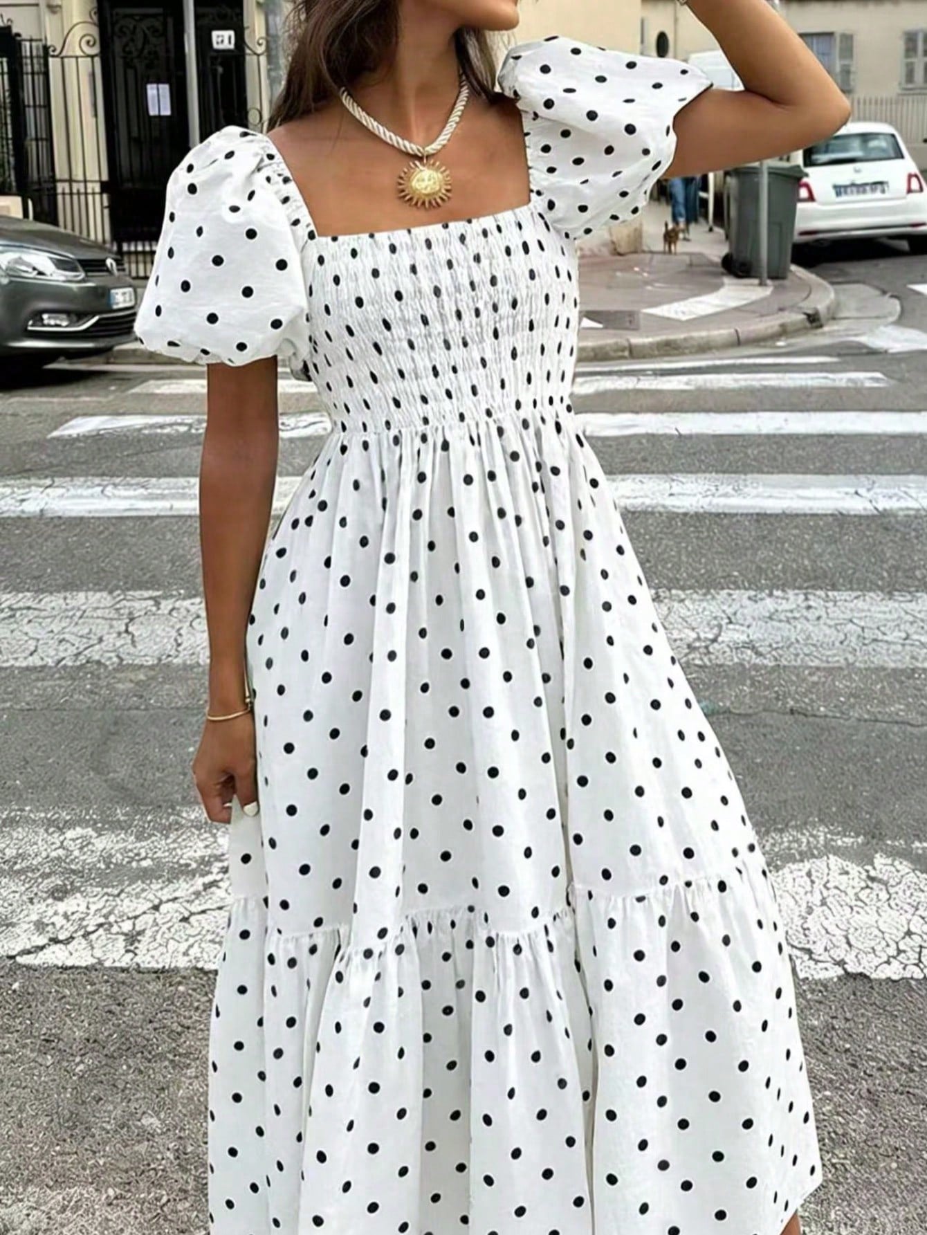2026 Autumn Women's Plaid Elegant Bohemian Casual Elegant Outing Date Holiday Square Neck Puff Sleeve Ruffle Pleated Dress, Women's Dress, Women's Vacation Outfit, Elegant Dress, Party Dress, Cruise O