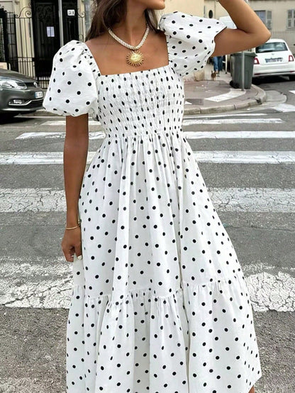 2026 Autumn Women's Plaid Elegant Bohemian Casual Elegant Outing Date Holiday Square Neck Puff Sleeve Ruffle Pleated Dress, Women's Dress, Women's Vacation Outfit, Elegant Dress, Party Dress, Cruise O