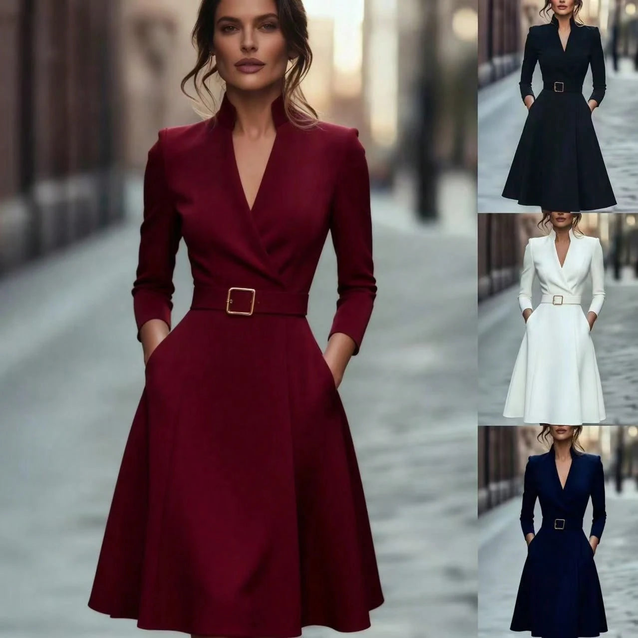 2026 Hot European Solid Color V Neck Waist Cinched Swing Long Sleeve Autumn Winter Dress