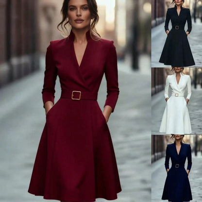 2026 Hot European Solid Color V Neck Waist Cinched Swing Long Sleeve Autumn Winter Dress