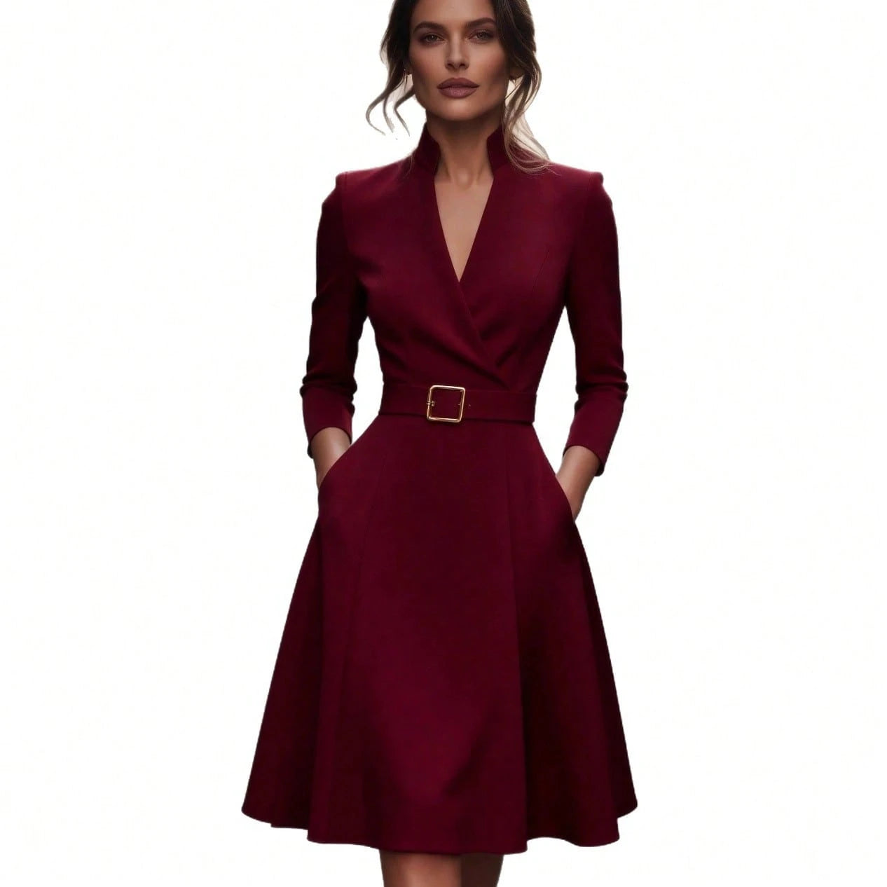 2026 Hot European Solid Color V Neck Waist Cinched Swing Long Sleeve Autumn Winter Dress