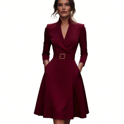 2026 Hot European Solid Color V Neck Waist Cinched Swing Long Sleeve Autumn Winter Dress