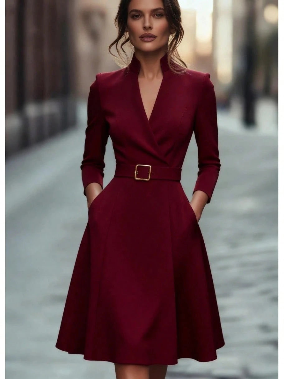 2026 Hot European Solid Color V Neck Waist Cinched Swing Long Sleeve Autumn Winter Dress