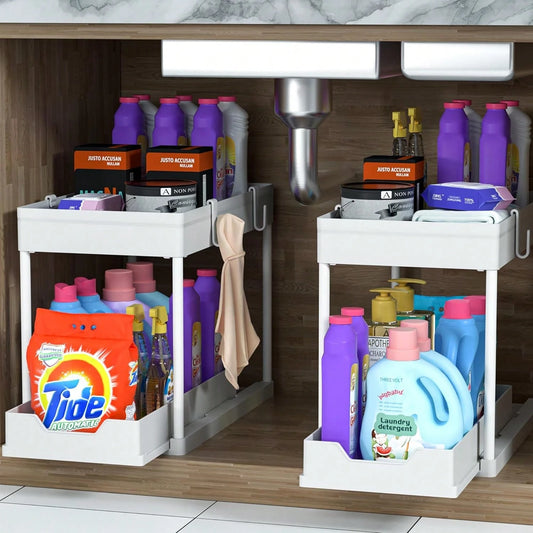 2026 Model Double-Sink Under-Sink Storage Rack, Kitchen Cabinet Storage Rack, Double-Sliding Cabinet Basket-Style Storage Drawer, Multifunctional Bathroom Storage Basket, Under-Counter Kitchen Storage