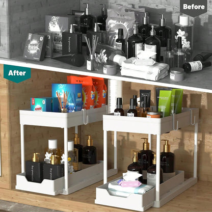 2026 Model Double-Sink Under-Sink Storage Rack, Kitchen Cabinet Storage Rack, Double-Sliding Cabinet Basket-Style Storage Drawer, Multifunctional Bathroom Storage Basket, Under-Counter Kitchen Storage