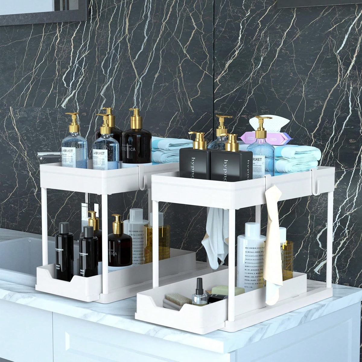 2026 Model Double-Sink Under-Sink Storage Rack, Kitchen Cabinet Storage Rack, Double-Sliding Cabinet Basket-Style Storage Drawer, Multifunctional Bathroom Storage Basket, Under-Counter Kitchen Storage
