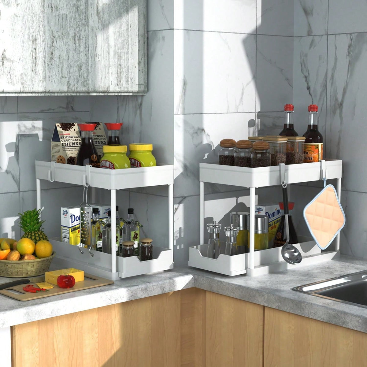 2026 Model Double-Sink Under-Sink Storage Rack, Kitchen Cabinet Storage Rack, Double-Sliding Cabinet Basket-Style Storage Drawer, Multifunctional Bathroom Storage Basket, Under-Counter Kitchen Storage