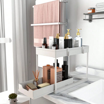 2026 Model Double-Sink Under-Sink Storage Rack, Kitchen Cabinet Storage Rack, Double-Sliding Cabinet Basket-Style Storage Drawer, Multifunctional Bathroom Storage Basket, Under-Counter Kitchen Storage