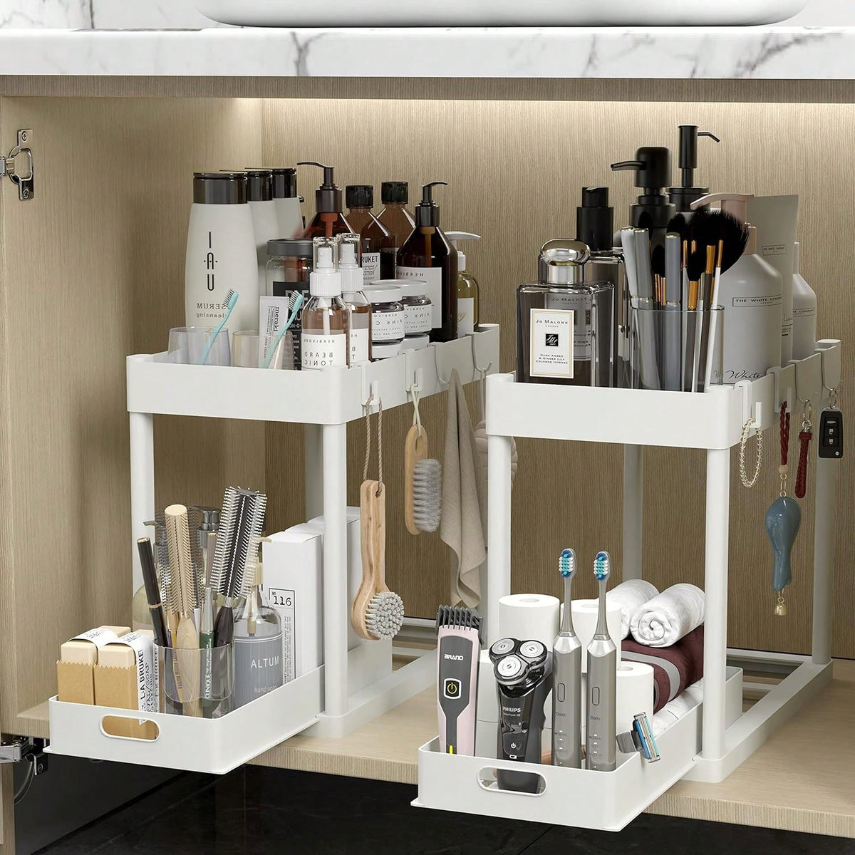 2026 Model Double-Sink Under-Sink Storage Rack, Kitchen Cabinet Storage Rack, Double-Sliding Cabinet Basket-Style Storage Drawer, Multifunctional Bathroom Storage Basket, Under-Counter Kitchen Storage