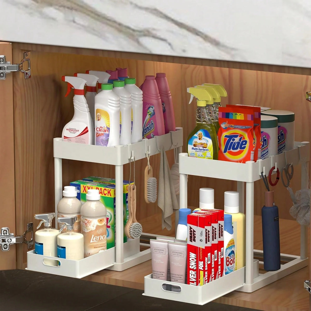 2026 Model Double-Sink Under-Sink Storage Rack, Kitchen Cabinet Storage Rack, Double-Sliding Cabinet Basket-Style Storage Drawer, Multifunctional Bathroom Storage Basket, Under-Counter Kitchen Storage
