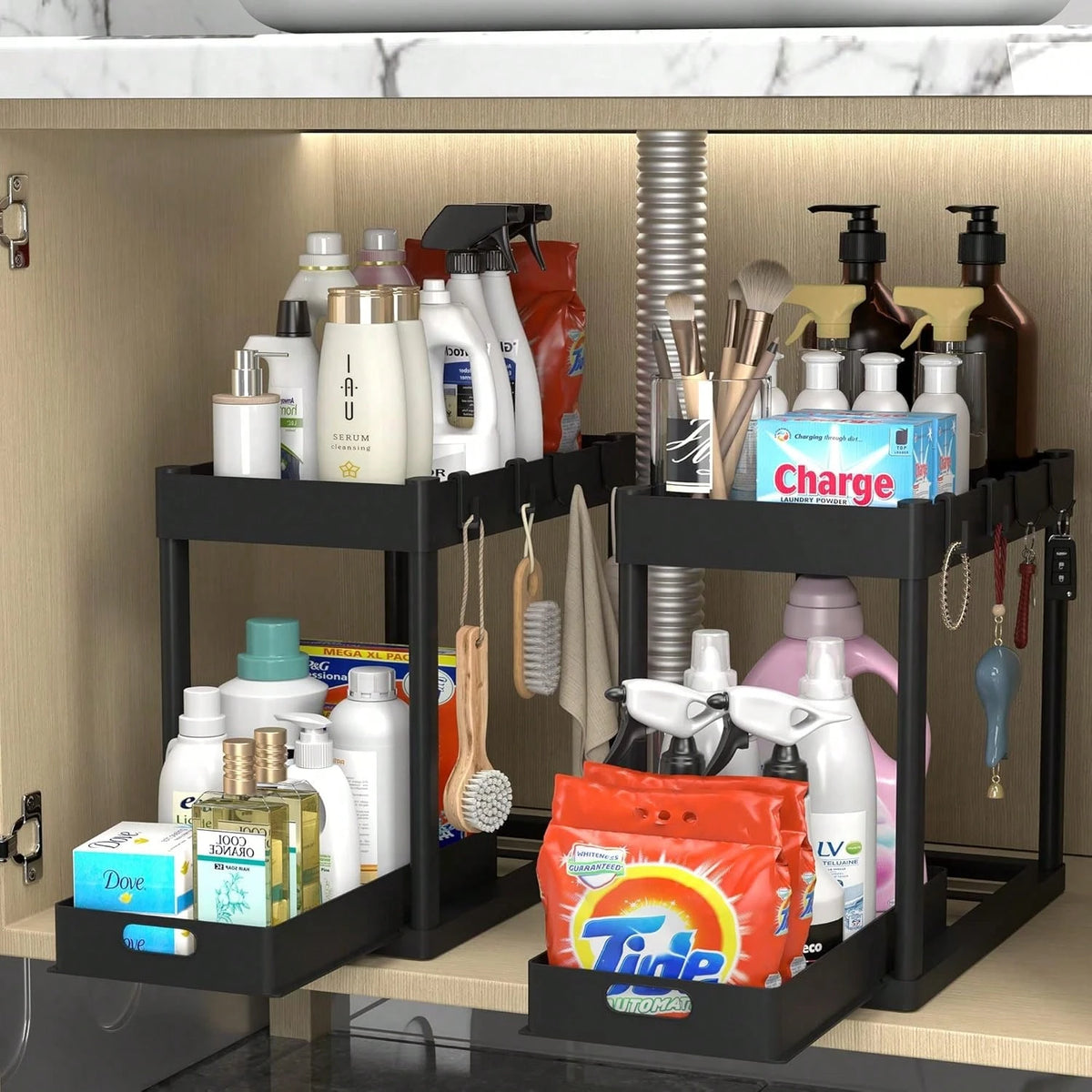 2026 Model Double-Sink Under-Sink Storage Rack, Kitchen Cabinet Storage Rack, Double-Sliding Cabinet Basket-Style Storage Drawer, Multifunctional Bathroom Storage Basket, Under-Counter Kitchen Storage