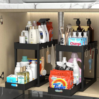 2026 Model Double-Sink Under-Sink Storage Rack, Kitchen Cabinet Storage Rack, Double-Sliding Cabinet Basket-Style Storage Drawer, Multifunctional Bathroom Storage Basket, Under-Counter Kitchen Storage