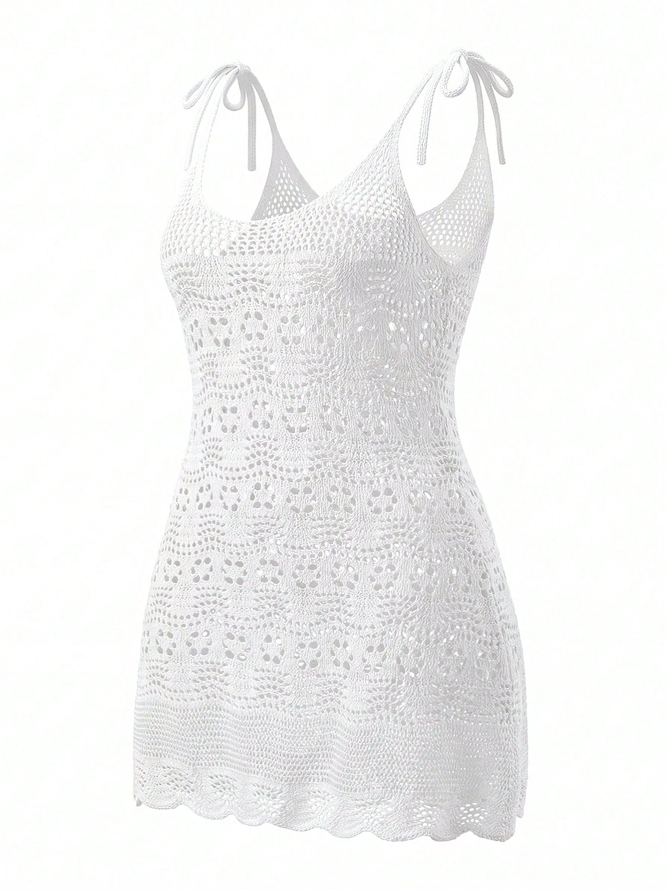 2026 New Crochet Hollow Out Knitted Sleeveless Tie-Up Plus Size Bohemian Sexy Sheer Coverup Dress, High-End Summer Beach Holiday White Vacation