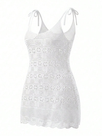 2026 New Crochet Hollow Out Knitted Sleeveless Tie-Up Plus Size Bohemian Sexy Sheer Coverup Dress, High-End Summer Beach Holiday White Vacation