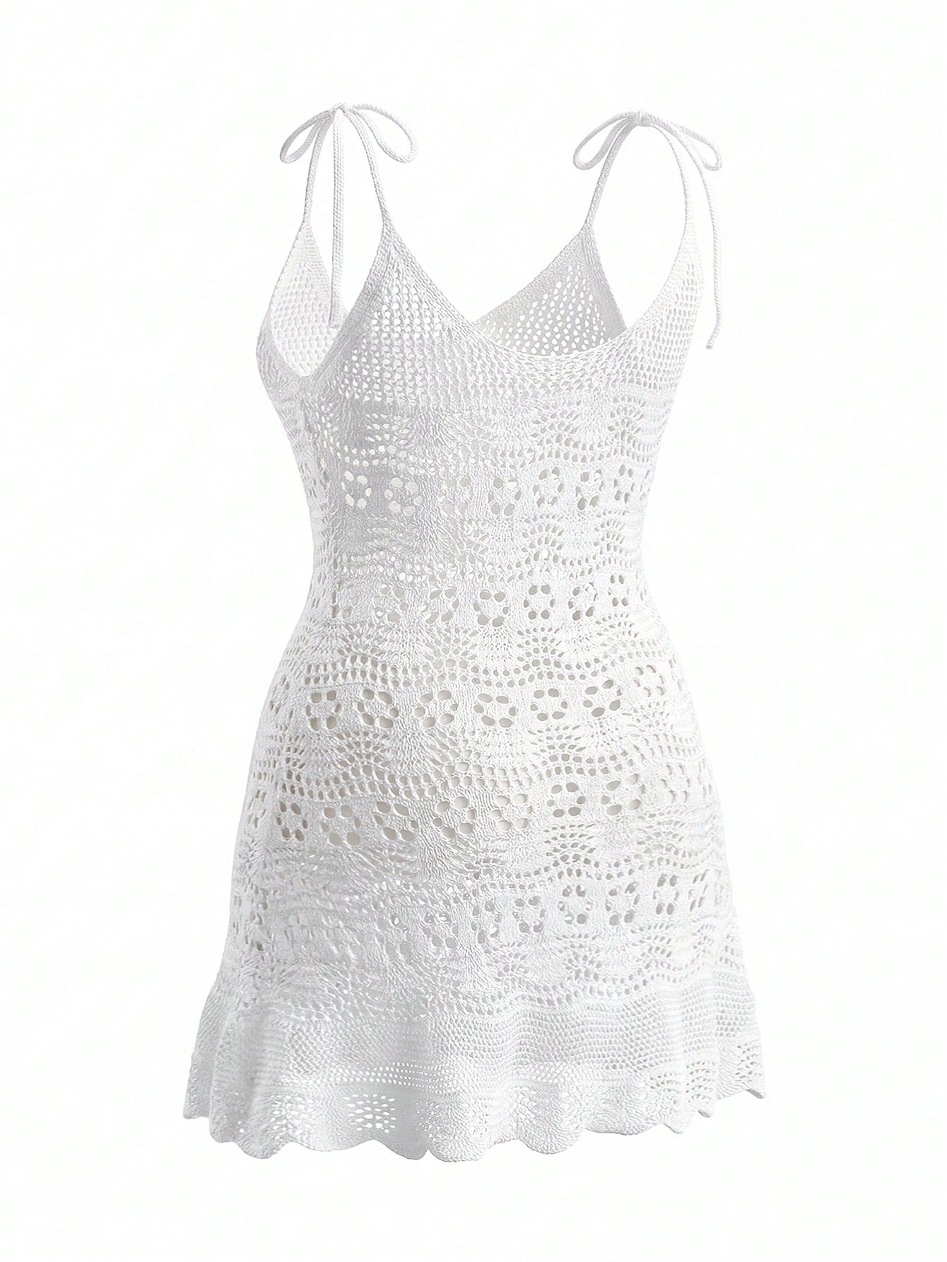 2026 New Crochet Hollow Out Knitted Sleeveless Tie-Up Plus Size Bohemian Sexy Sheer Coverup Dress, High-End Summer Beach Holiday White Vacation