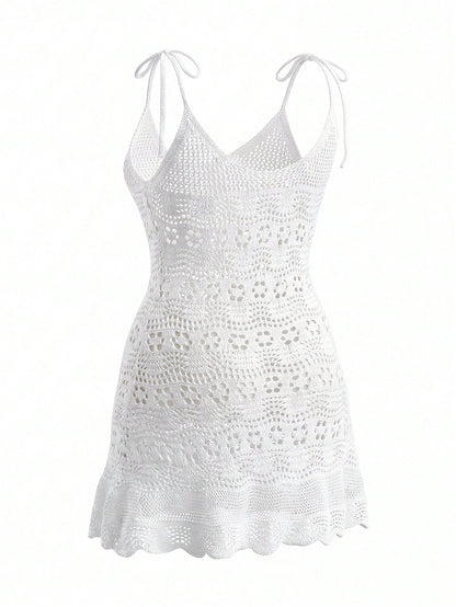 2026 New Crochet Hollow Out Knitted Sleeveless Tie-Up Plus Size Bohemian Sexy Sheer Coverup Dress, High-End Summer Beach Holiday White Vacation