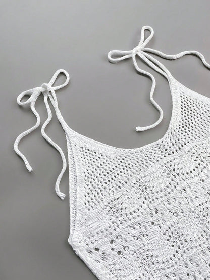 2026 New Crochet Hollow Out Knitted Sleeveless Tie-Up Plus Size Bohemian Sexy Sheer Coverup Dress, High-End Summer Beach Holiday White Vacation