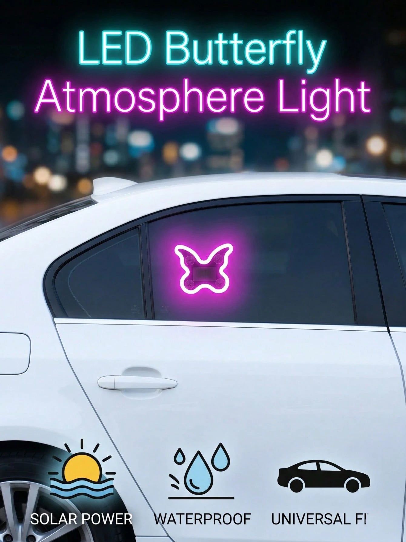2026 New Solar Powered Butterfly LED Atmosphere Light, Neon Style Car Window Decoration Light, Women's Car Interior Atmosphere Accessory. Solar Powered No Wiring Required, With Automatic Sensing And 5