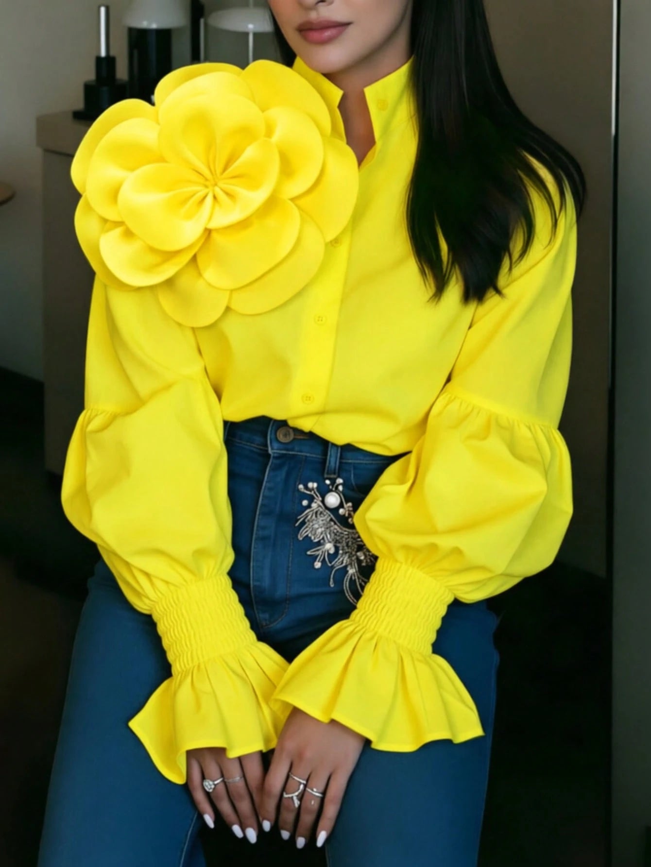 2026 New White 3D Floral Decor Petal Sleeve Shirt, Y2K Babe Aesthetic Romantic Retro Elegant Party Wear, Plus Size Friendly, Date Night Yellow