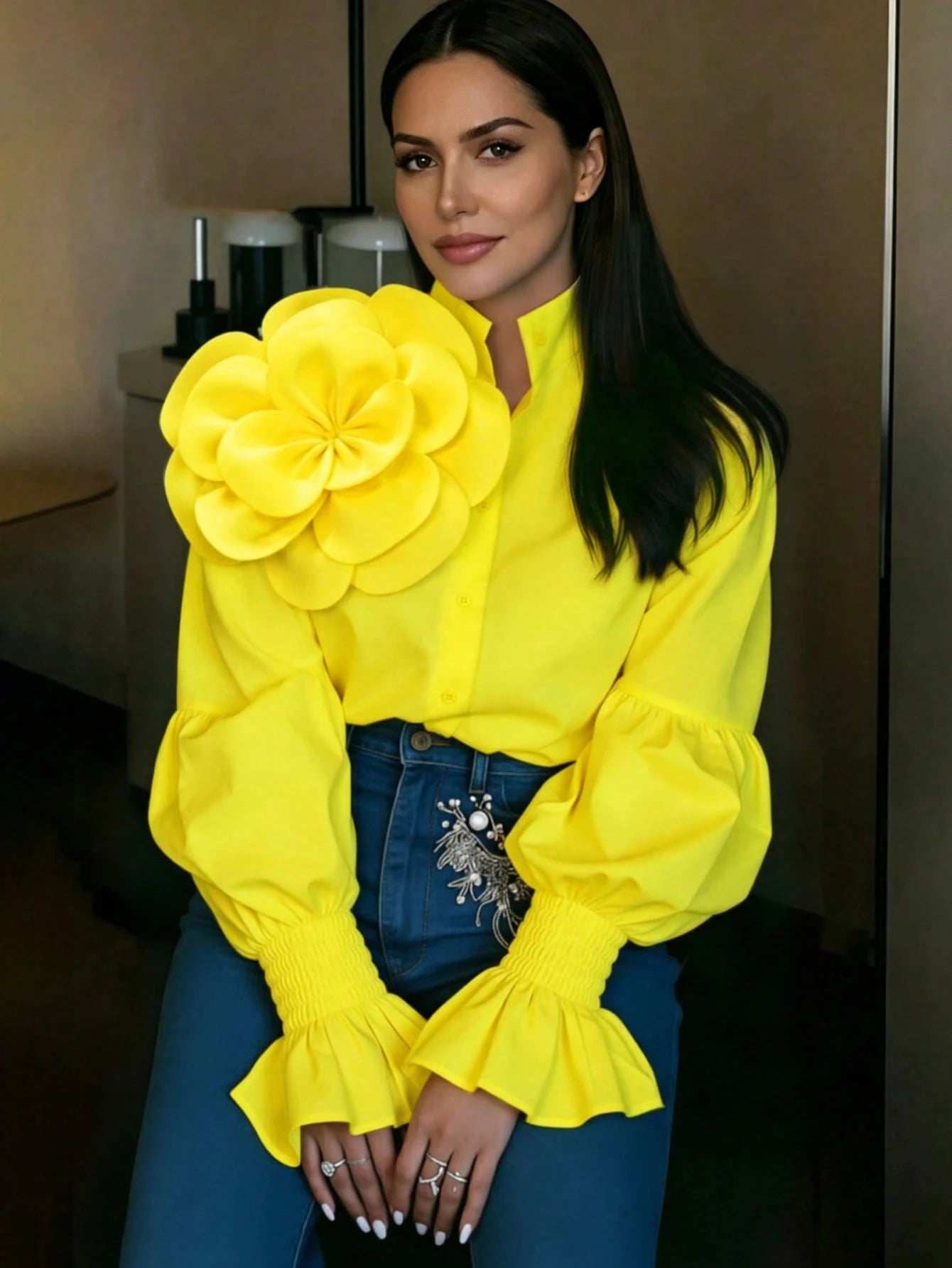 2026 New White 3D Floral Decor Petal Sleeve Shirt, Y2K Babe Aesthetic Romantic Retro Elegant Party Wear, Plus Size Friendly, Date Night Yellow