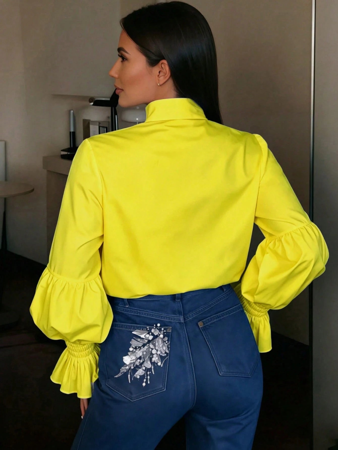 2026 New White 3D Floral Decor Petal Sleeve Shirt, Y2K Babe Aesthetic Romantic Retro Elegant Party Wear, Plus Size Friendly, Date Night Yellow