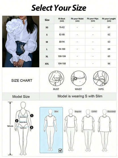 2026 New White 3D Floral Decor Petal Sleeve Shirt, Y2K Babe Aesthetic Romantic Retro Elegant Party Wear, Plus Size Friendly, Date Night Yellow