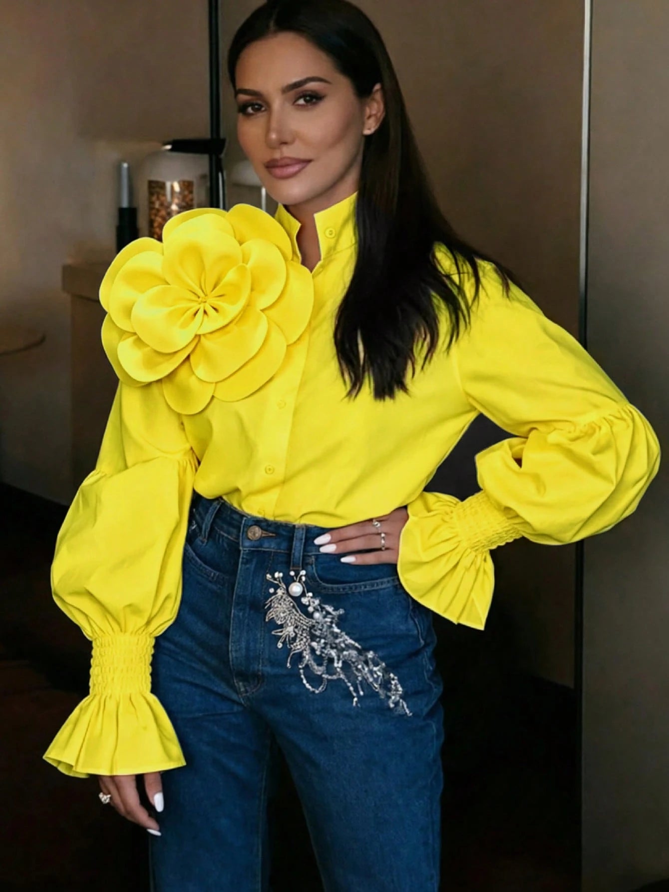 2026 New White 3D Floral Decor Petal Sleeve Shirt, Y2K Babe Aesthetic Romantic Retro Elegant Party Wear, Plus Size Friendly, Date Night Yellow