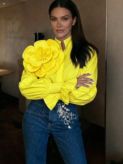 2026 New White 3D Floral Decor Petal Sleeve Shirt, Y2K Babe Aesthetic Romantic Retro Elegant Party Wear, Plus Size Friendly, Date Night Yellow
