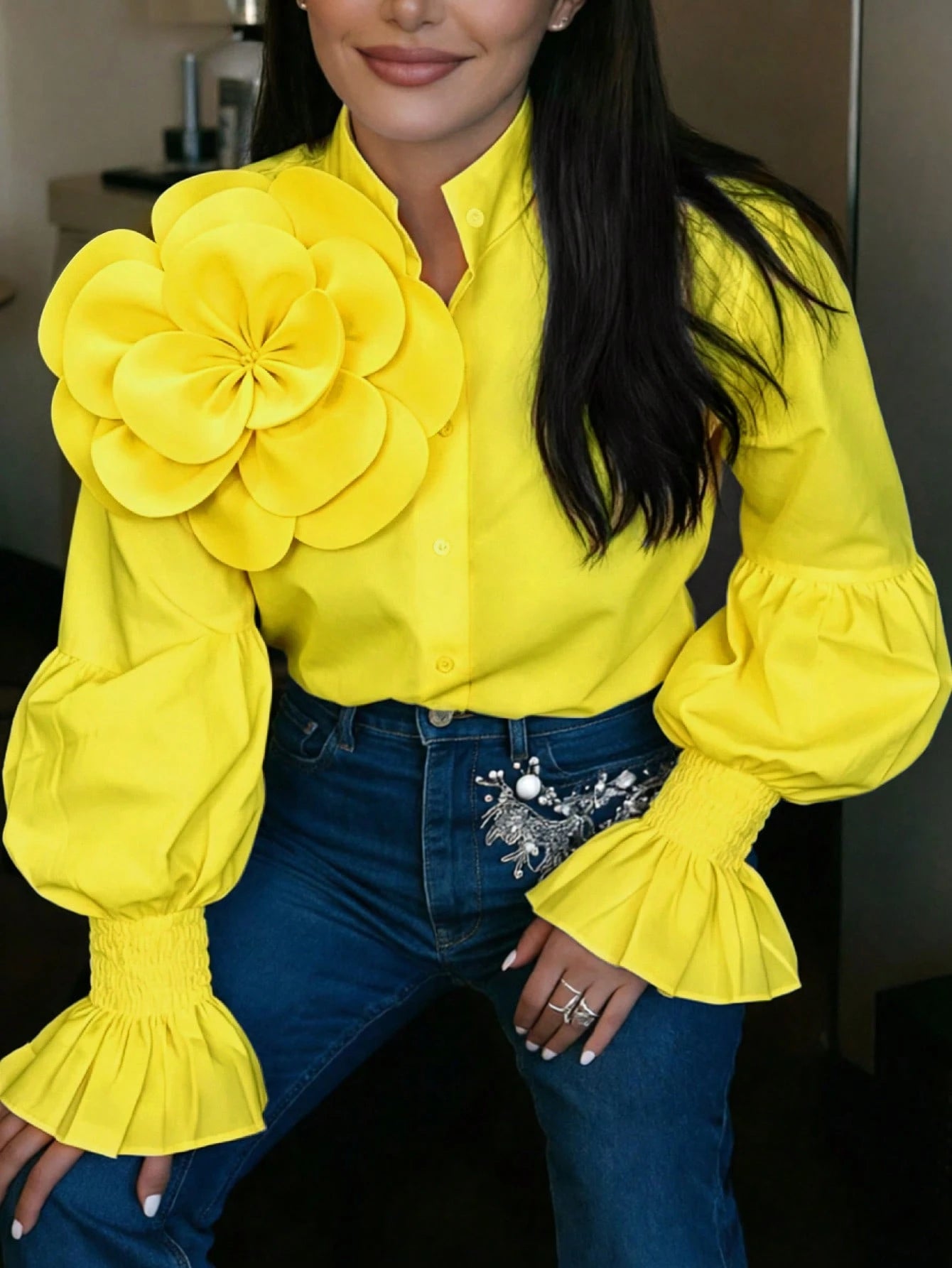 2026 New White 3D Floral Decor Petal Sleeve Shirt, Y2K Babe Aesthetic Romantic Retro Elegant Party Wear, Plus Size Friendly, Date Night Yellow