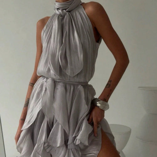 2026 SS French Style Women Sleeveless Dress, Halter Neck Waist Tie Ruffle Cinched Waist Luxury Chic Summer Dress