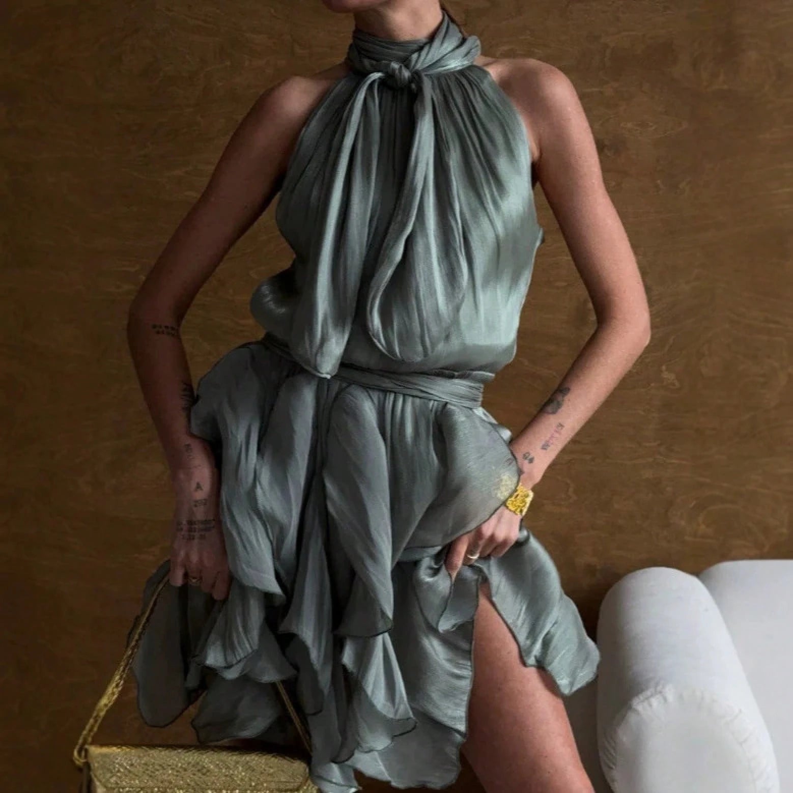 2026 SS French Style Women Sleeveless Dress, Halter Neck Waist Tie Ruffle Cinched Waist Luxury Chic Summer Dress