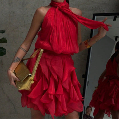 2026 SS French Style Women Sleeveless Dress, Halter Neck Waist Tie Ruffle Cinched Waist Luxury Chic Summer Dress