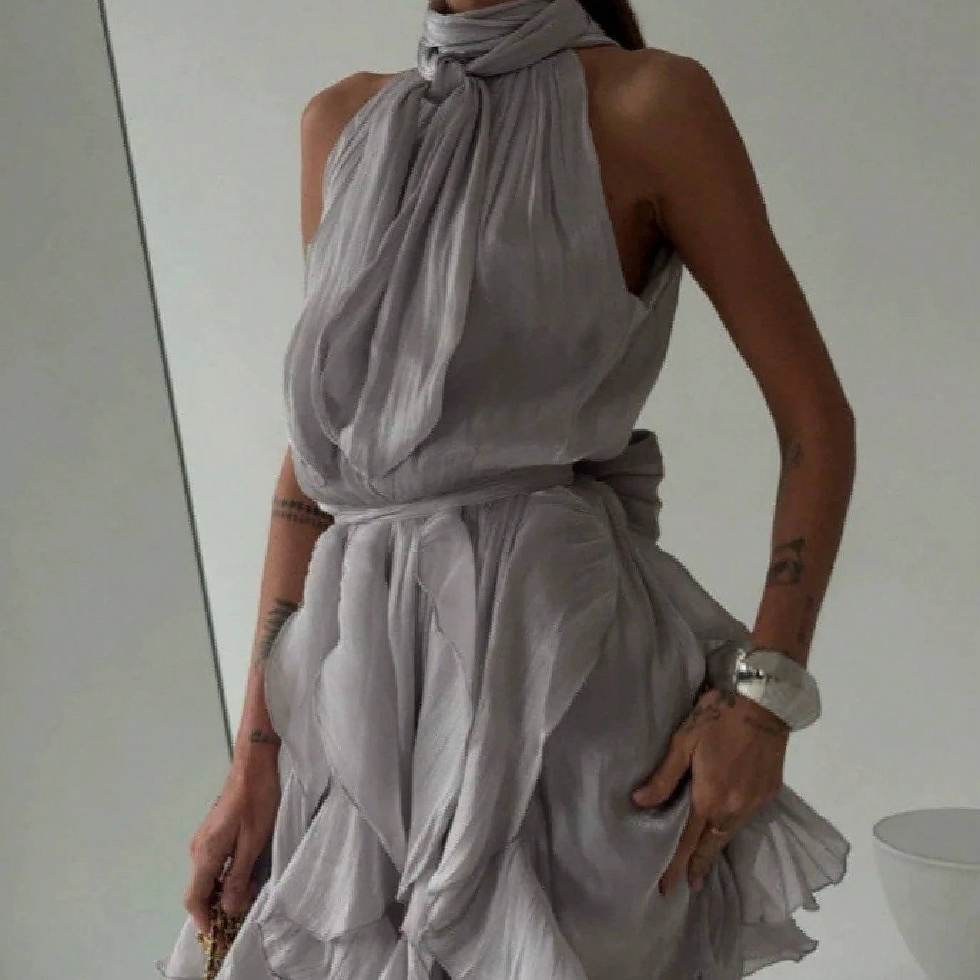 2026 SS French Style Women Sleeveless Dress, Halter Neck Waist Tie Ruffle Cinched Waist Luxury Chic Summer Dress
