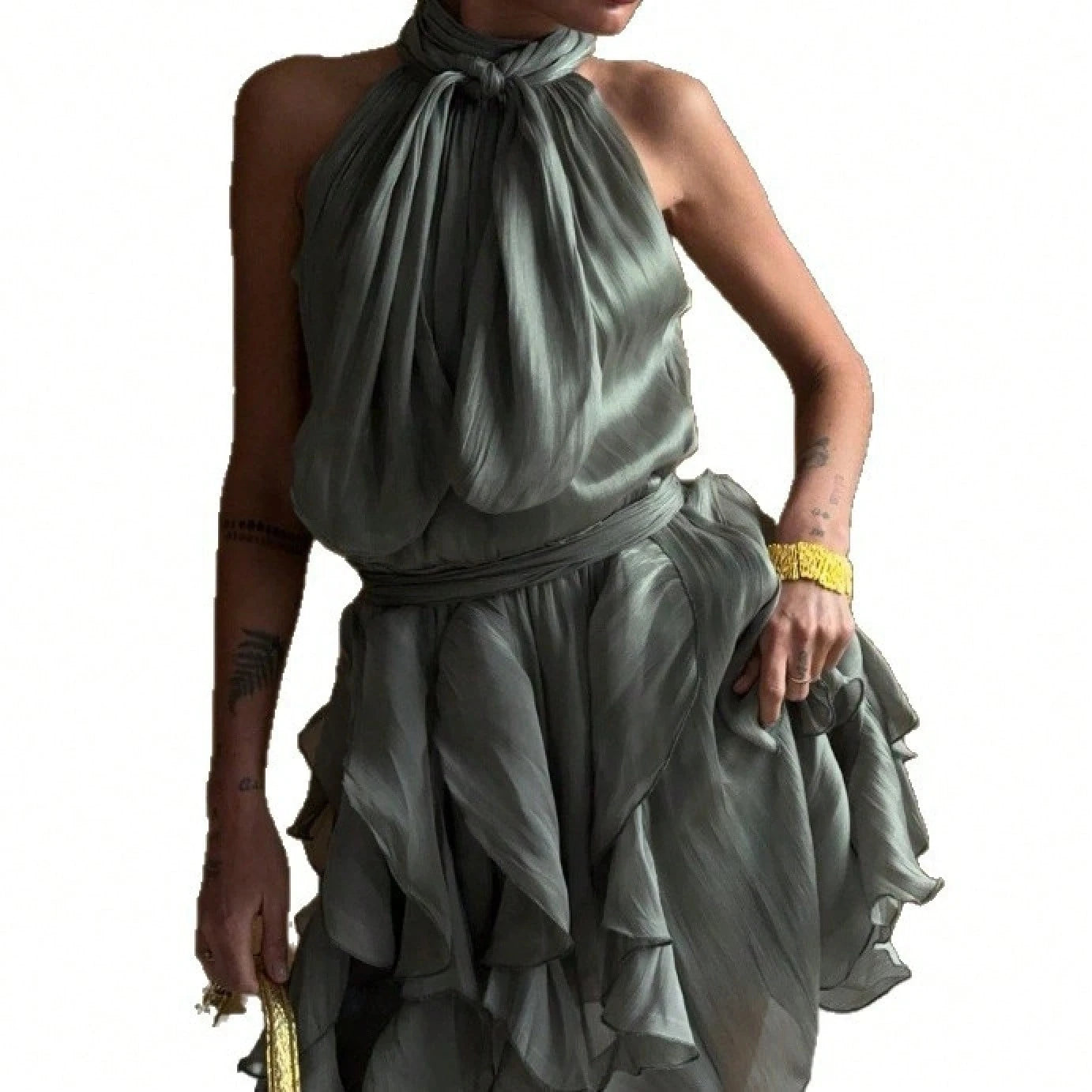 2026 SS French Style Women Sleeveless Dress, Halter Neck Waist Tie Ruffle Cinched Waist Luxury Chic Summer Dress