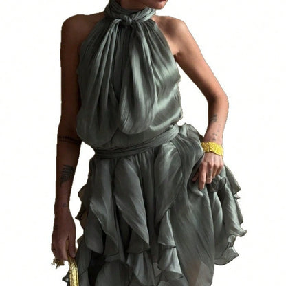2026 SS French Style Women Sleeveless Dress, Halter Neck Waist Tie Ruffle Cinched Waist Luxury Chic Summer Dress