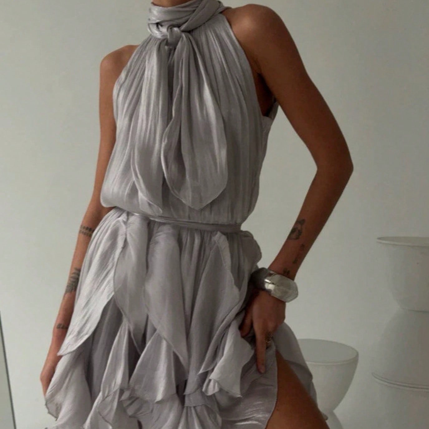 2026 SS French Style Women Sleeveless Dress, Halter Neck Waist Tie Ruffle Cinched Waist Luxury Chic Summer Dress