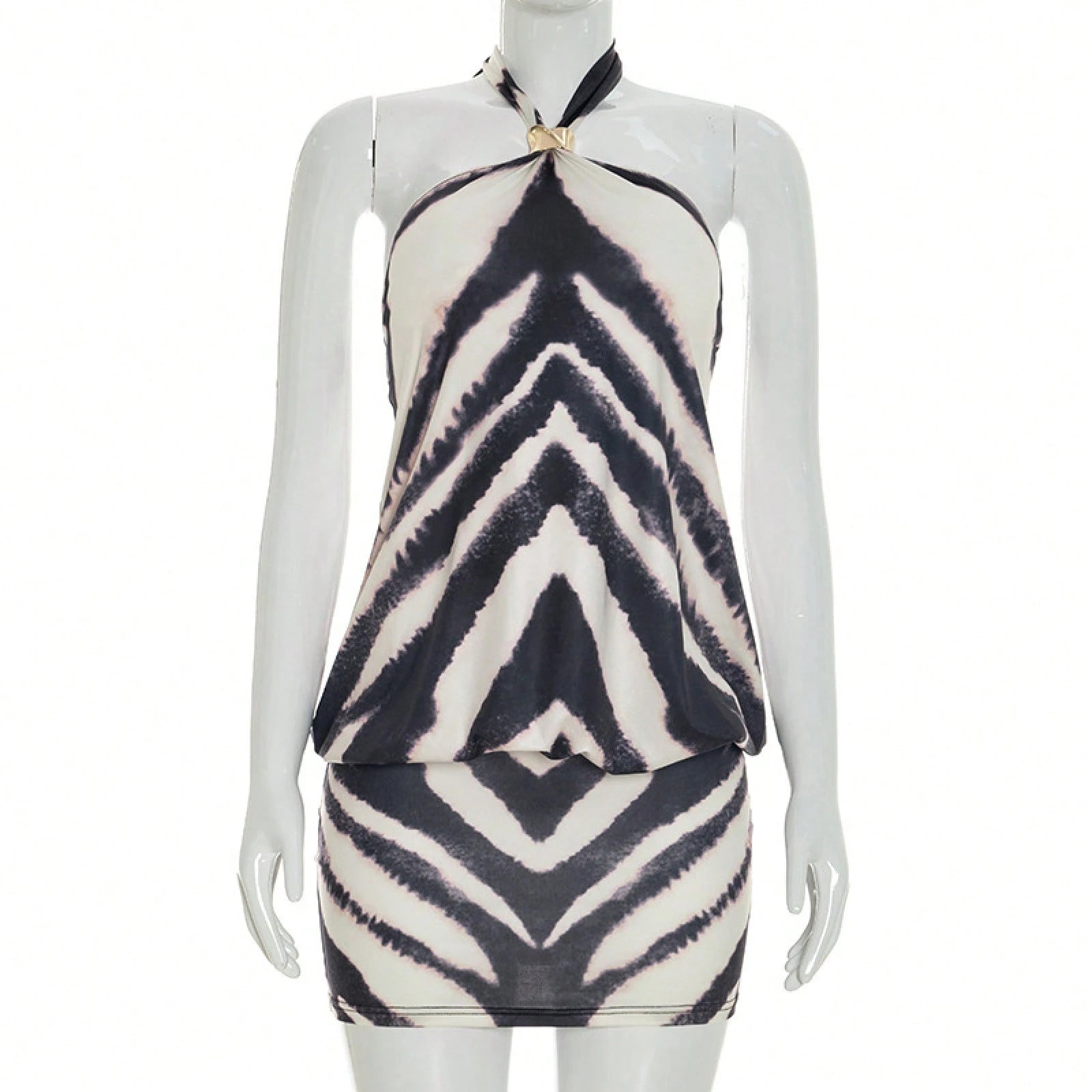 2026 Summer New Arrival European Women Zebra Print Halter Neck Metal Ring Decor Backless Mini Dress