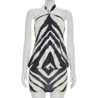 2026 Summer New Arrival European Women Zebra Print Halter Neck Metal Ring Decor Backless Mini Dress