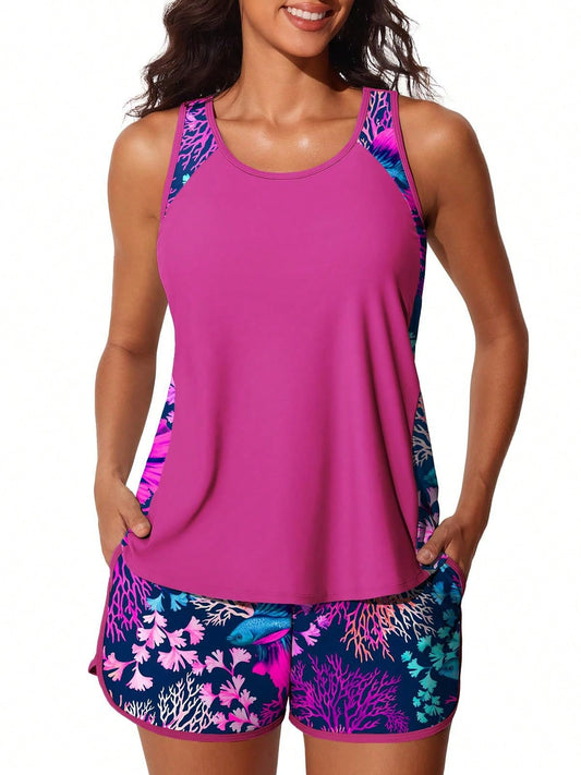 2026 Women Summer Two Piece Blouson Tankini Swimsuits, Sleeveless Printed Split Design, Tummy Control Y2K Slim Fit Beachwear With Sporty Pocket Shorts