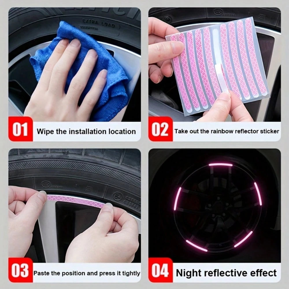 20pcs Reflective Car Wheel Hub Stickers, Luminous Pink Tire/Rim Decoration Decals For Automobiles, Motorcycles, Bicycles