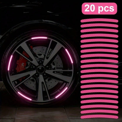 20pcs Reflective Car Wheel Hub Stickers, Luminous Pink Tire/Rim Decoration Decals For Automobiles, Motorcycles, Bicycles