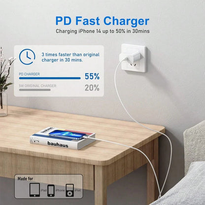 20W Fast Charger Set Compatible With IPhone 14 13 12 11 Pro Max, Includes USB-C Wall Charger Adapter + 3.3Ft/100cm Type-C To Lightning Data Cable, Compatible With IPhone 14 13 12 Mini Plus Xr Xs Xs Ma