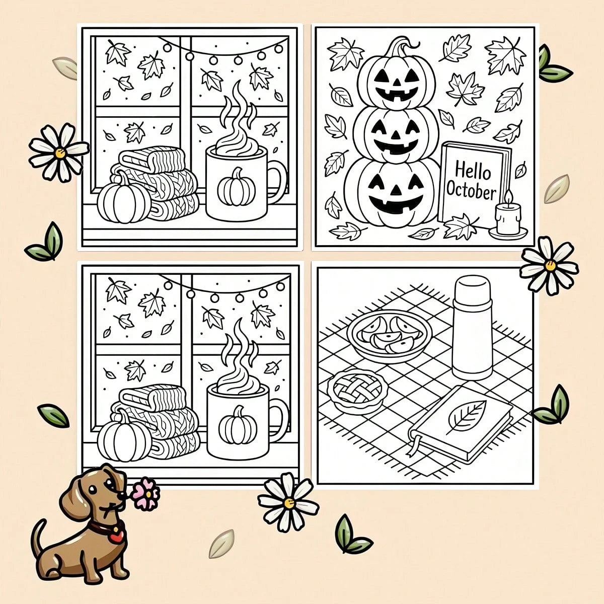 22 Vibrant, Simple & Easy To Color Pumpkins, Falling Leaves, Cozy Sweaters And Autumn Themed Illustrations, Suitable For All Ages