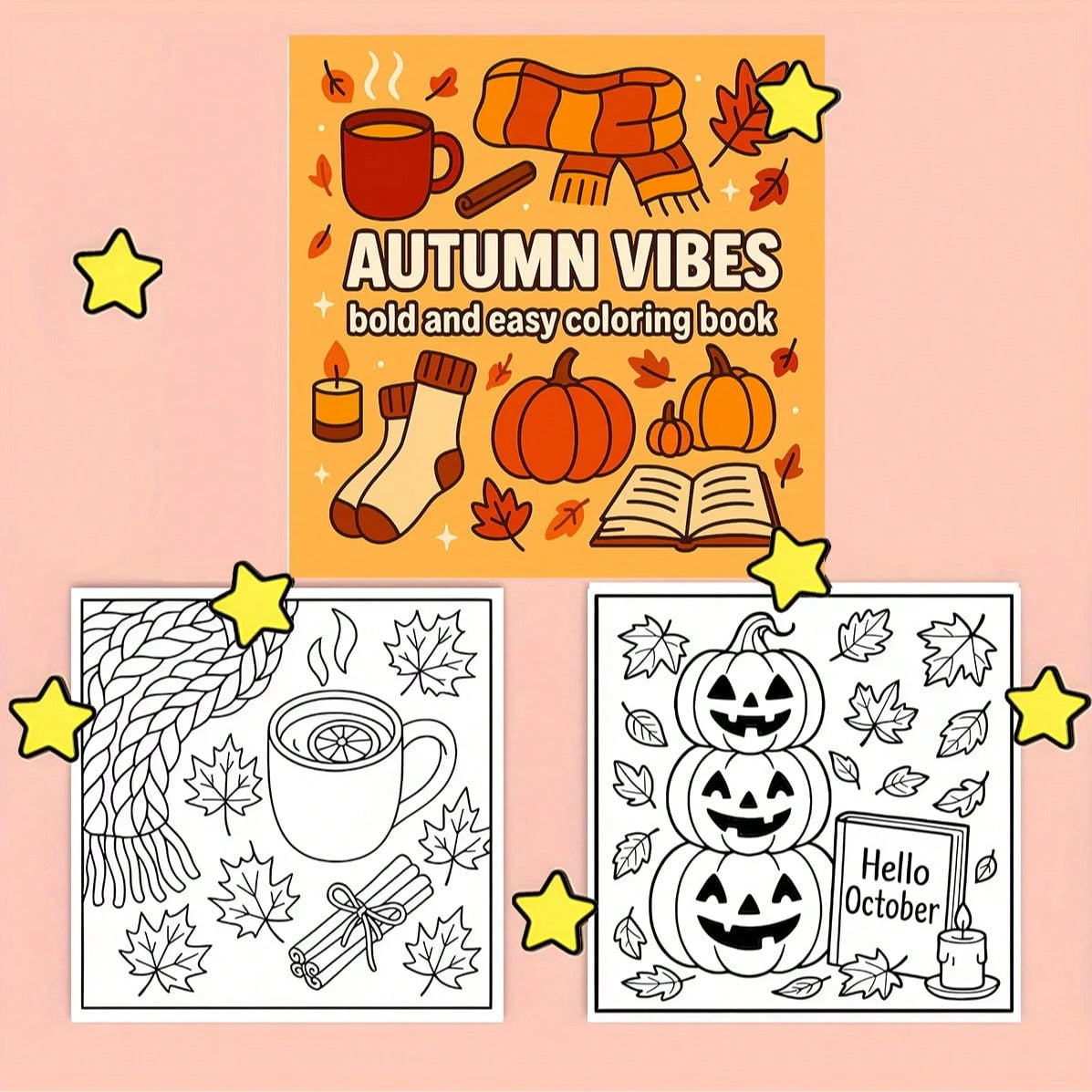 22 Vibrant, Simple & Easy To Color Pumpkins, Falling Leaves, Cozy Sweaters And Autumn Themed Illustrations, Suitable For All Ages