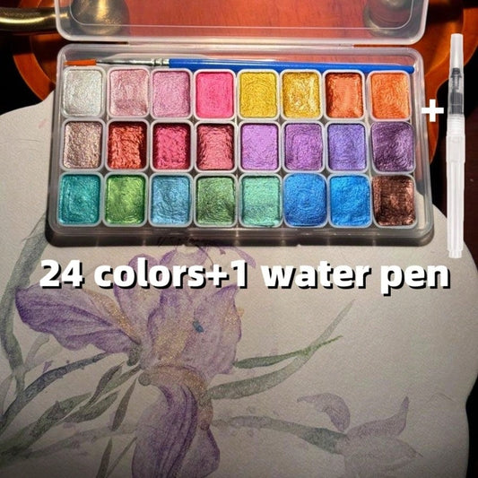 24 Colors Mini Portable Metal Watercolor Painting Set With Brushes, Pearlescent Watercolor Painting Suit,Transparent Box Packaging,Suitable For Painting, Manicure And DIY, Chinese Thangka Painting, Pe
